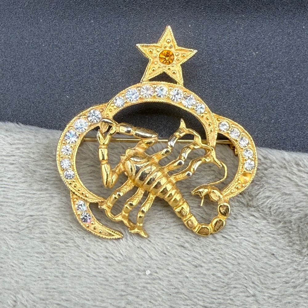 Vintage St. Labre Brooch Zodiac Gold Tone Scorpio Rhinestone Signed